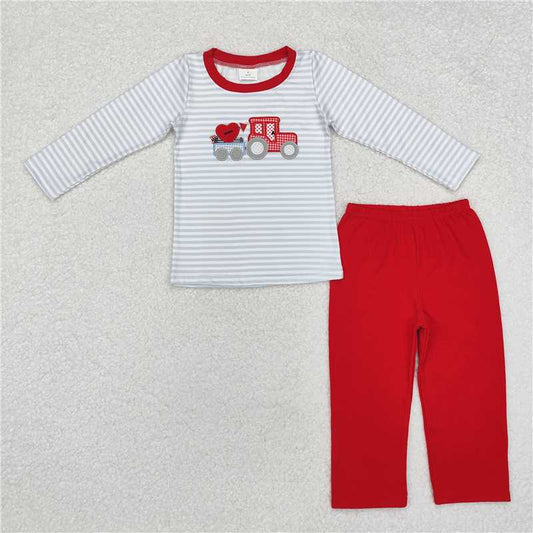 5.28 RTS NO MOQ Baby Boys Sets BLP0932 Valentines Grey Stripes Hearts Top Pants Clothes Sets
