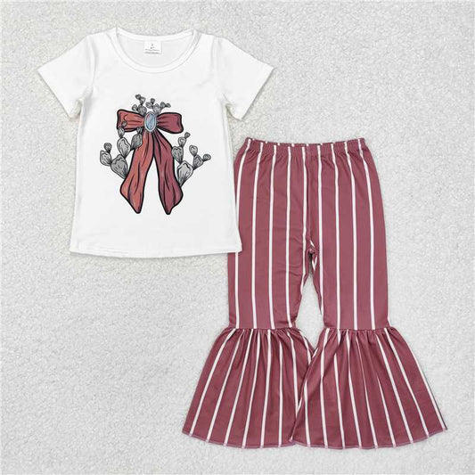 RTS NO MOQ Baby Girls Summer Kids Sets GSPO1704 Western Bow Cactus Shirt Striped Bell Pants Clothes Sets