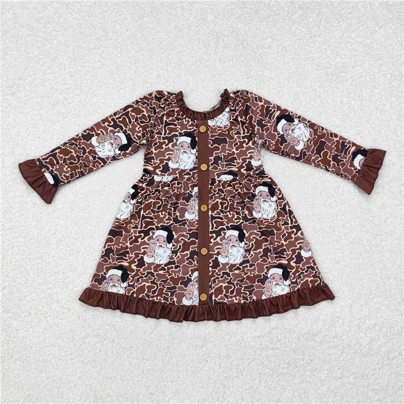 RTS NO MOQ Baby Girls Long Sleeve GLD0910 Camo Christmas Santa Buttons Knee Length Dresses