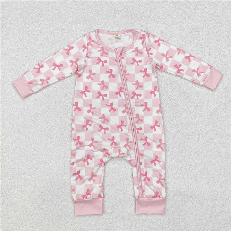 5.19 RTS NO MOQ Baby Girls Bodysuit LR1607 Pink Checkered Bows Bamboo Zip Rompers