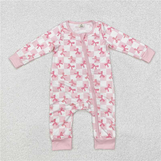 5.19 RTS NO MOQ Baby Girls Bodysuit LR1607 Pink Checkered Bows Bamboo Zip Rompers
