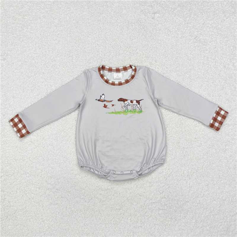 5.13 RTS NO MOQ Baby Boys Bodysuit LR1999 Long Sleeve Grey Dog Duck Hunting Rompers