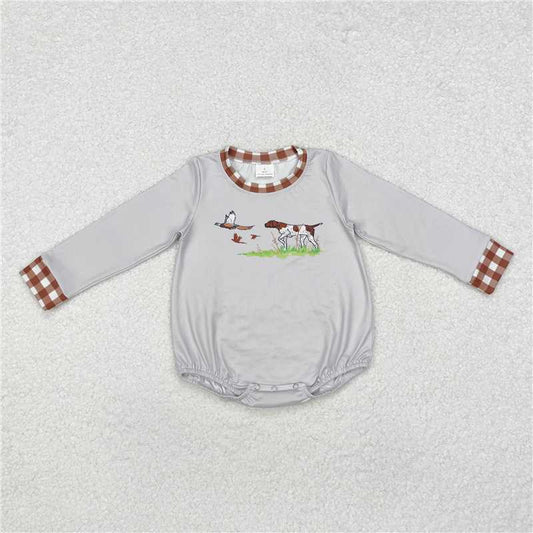 5.13 RTS NO MOQ Baby Boys Bodysuit LR1999 Long Sleeve Grey Dog Duck Hunting Rompers