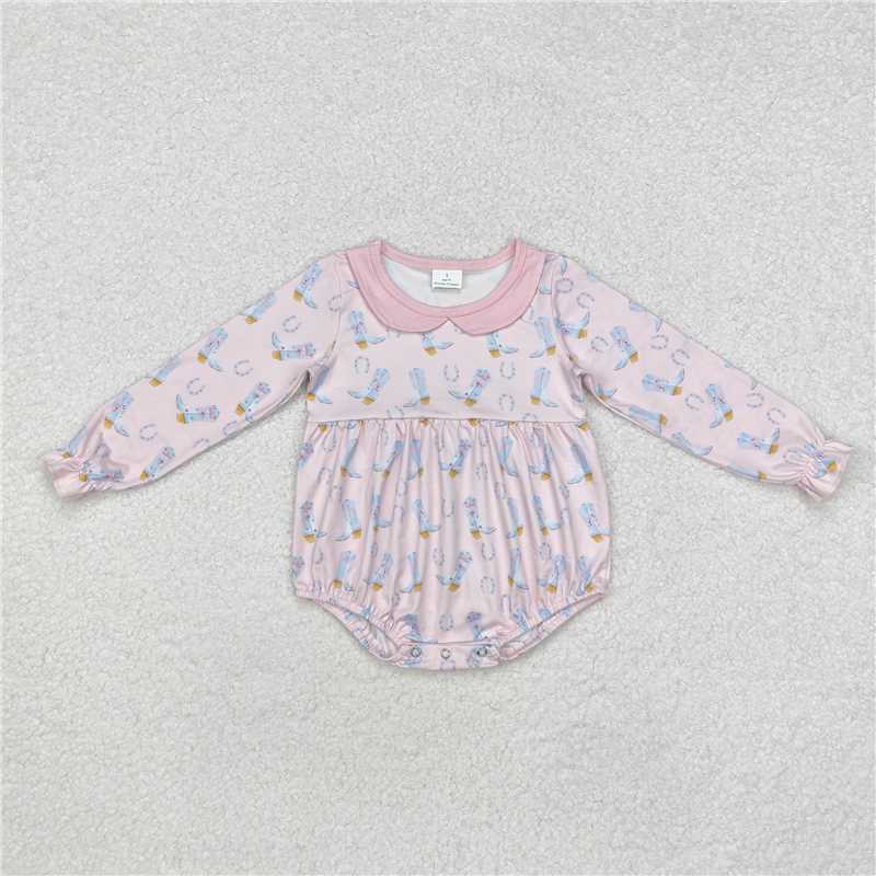 RTS NO MOQ Baby Girls Bodysuit LR2013 Western Boots Long Sleeve Pink Rompers