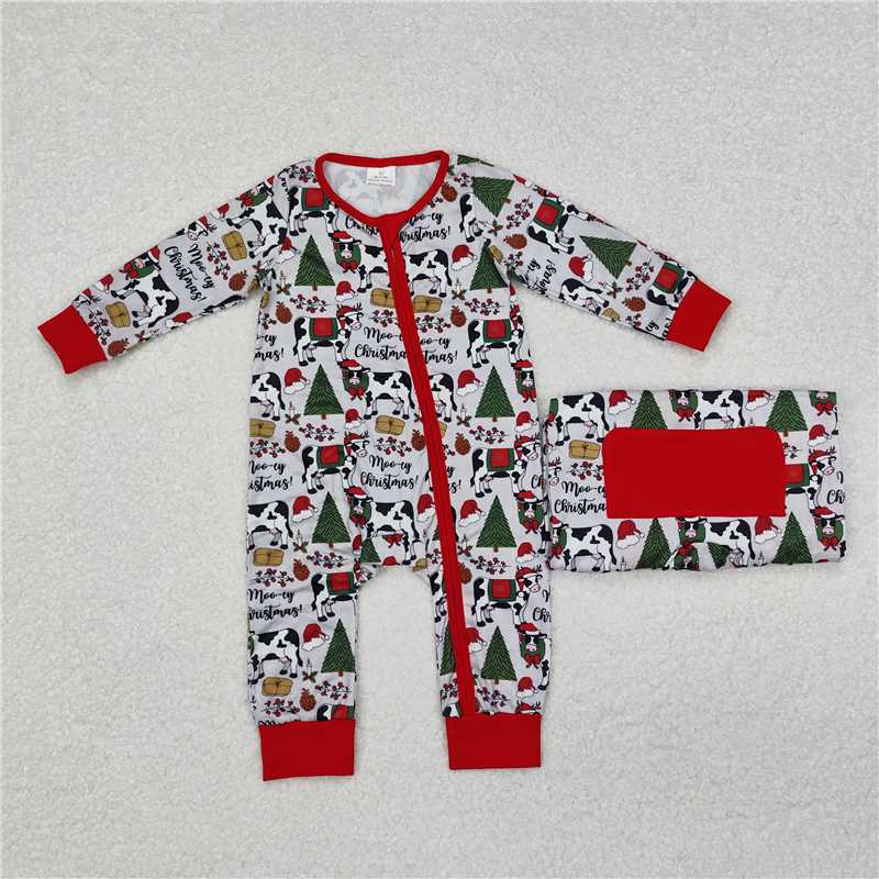5.13 RTS NO MOQ Baby Boys Bodysuit LR1075 Long Sleeve Christmas Cows Zip Rompers