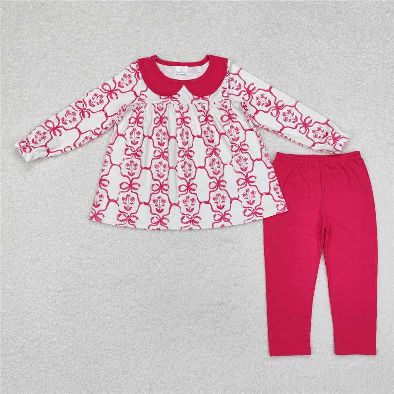 RTS NO MOQ Baby Girls Long Sleeve Outfits GLP1623 Hot Pink Bows Flowers Tunic Legging Clothes Sets