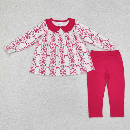 RTS NO MOQ Baby Girls Long Sleeve Outfits GLP1623 Hot Pink Bows Flowers Tunic Legging Clothes Sets