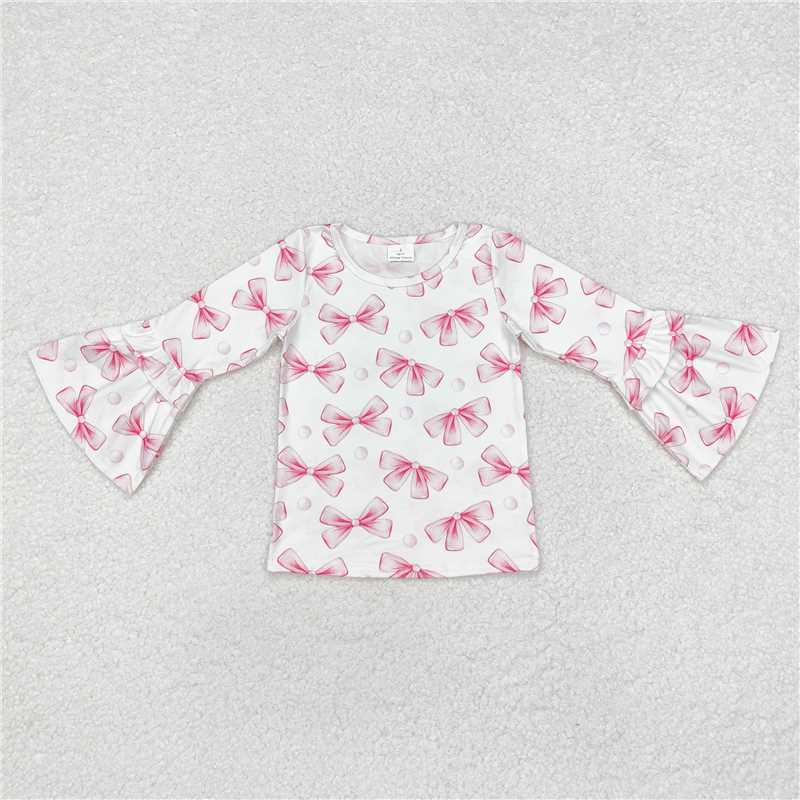 RTS NO MOQ Baby Girls Long Sleeve GT0779 Pink Bows Ruffle Tee Shirts Tops