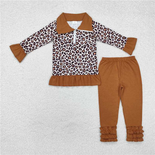 RTS NO MOQ Baby Girls Long Sleeve Outfits GLP1845 Leopard Zip Top Icing Legging Outfits Clothes Sets
