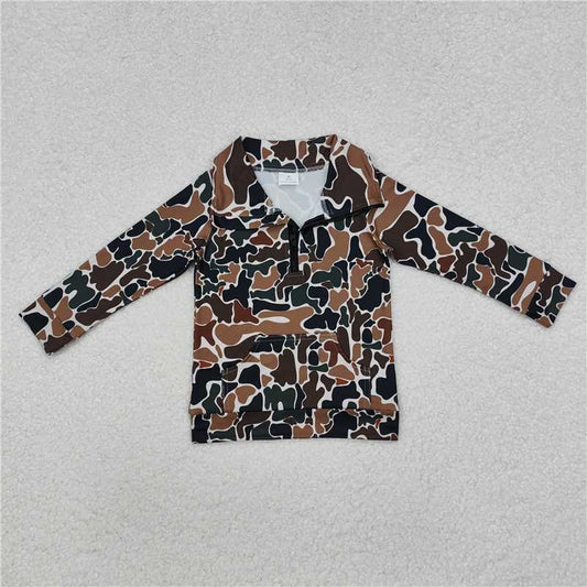RTS NO MOQ Baby Boys Long Sleeve BT1038 Dark Brown Camo Zip Pocket Pullovers Tops