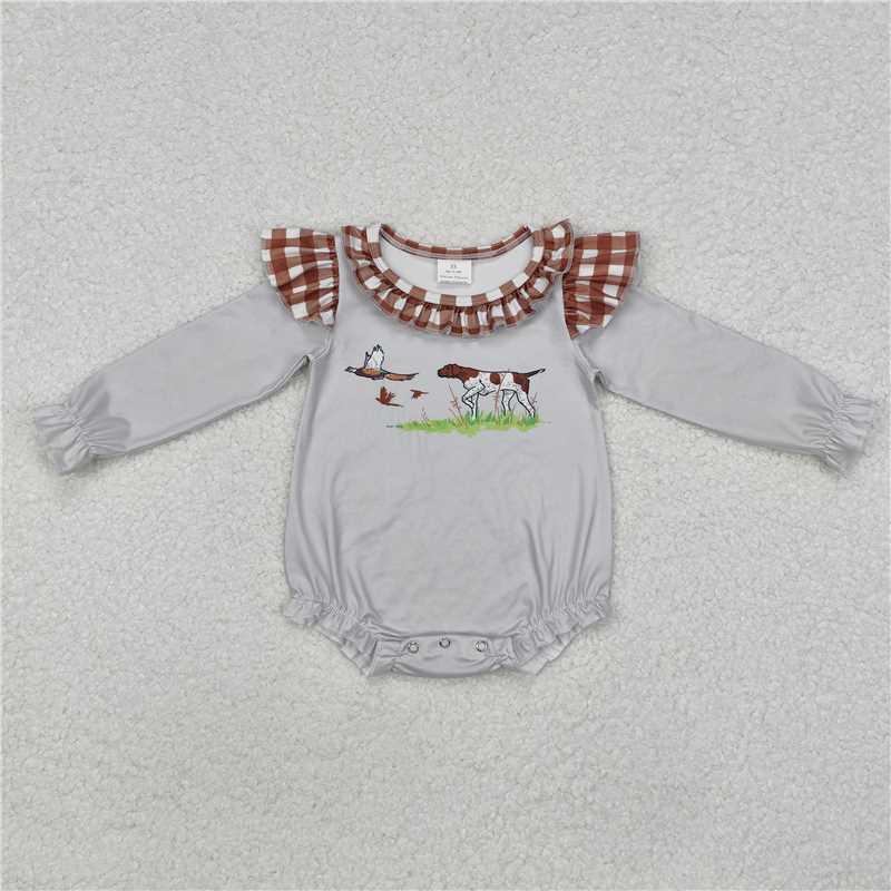 RTS NO MOQ Baby Girls Bodysuit LR2000 Long Sleeve Grey Dog Duck Hunting Rompers