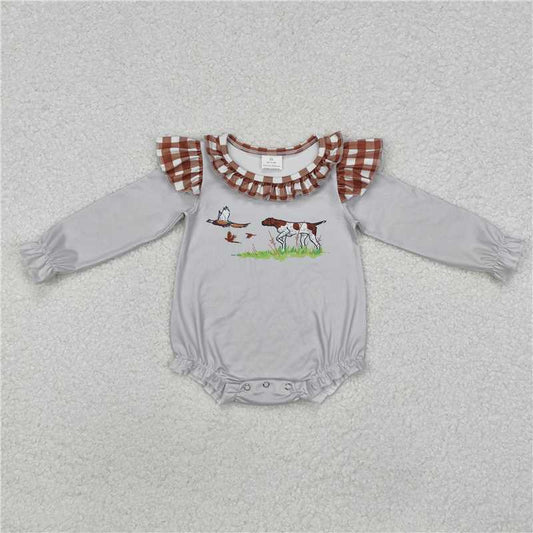 RTS NO MOQ Baby Girls Bodysuit LR2000 Long Sleeve Grey Dog Duck Hunting Rompers