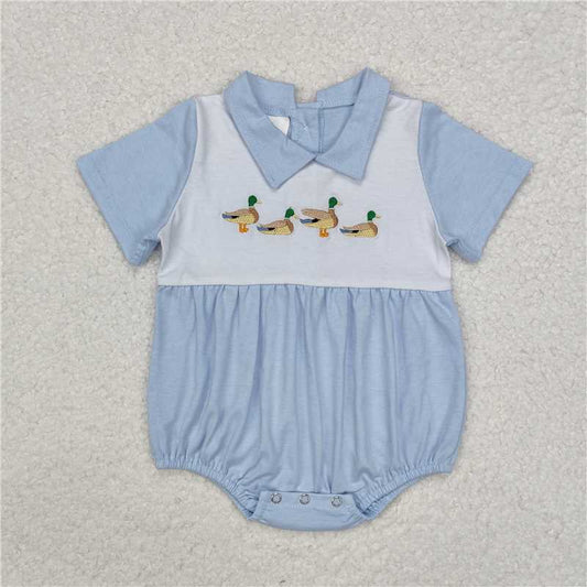 RTS NO MOQ Baby Boys Summer Bodysuit SR2071 Hunting Ducks Mallard Light Blue Short Sleeve Rompers