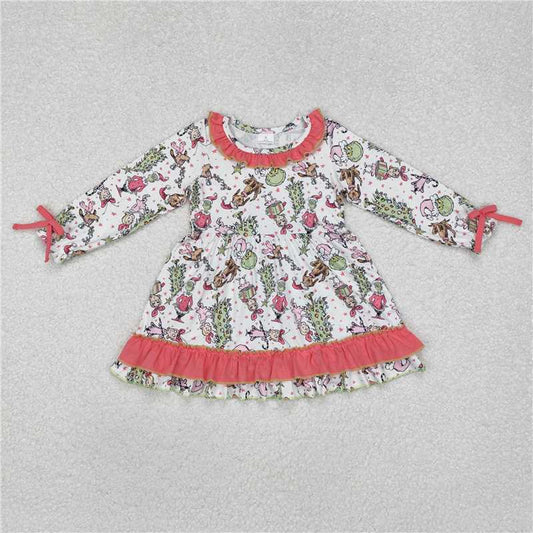 RTS NO MOQ Baby Girls Long Sleeve GLD0834 Christmas Pink Ruffle Knee Length Dresses