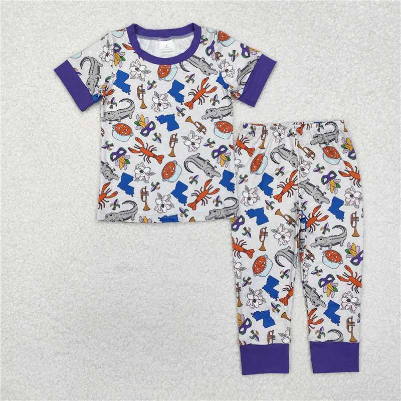 GSPO1758 Baby Girls Mardi Gras Crocodile Purple Shirts Pants Pajamas Clothes Sets