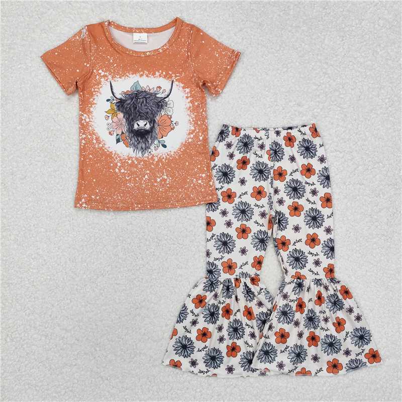 RTS NO MOQ Baby Girls Summer Kids Sets GSPO1525 Highland Cow Flowers Short Sleeve Shirt Bell Pants Clothes Sets