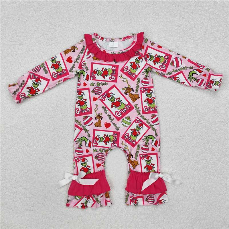 RTS NO MOQ Baby Girls Bodysuit LR2006 Hot Pink Ruffle Long Sleeve Christmas Rompers