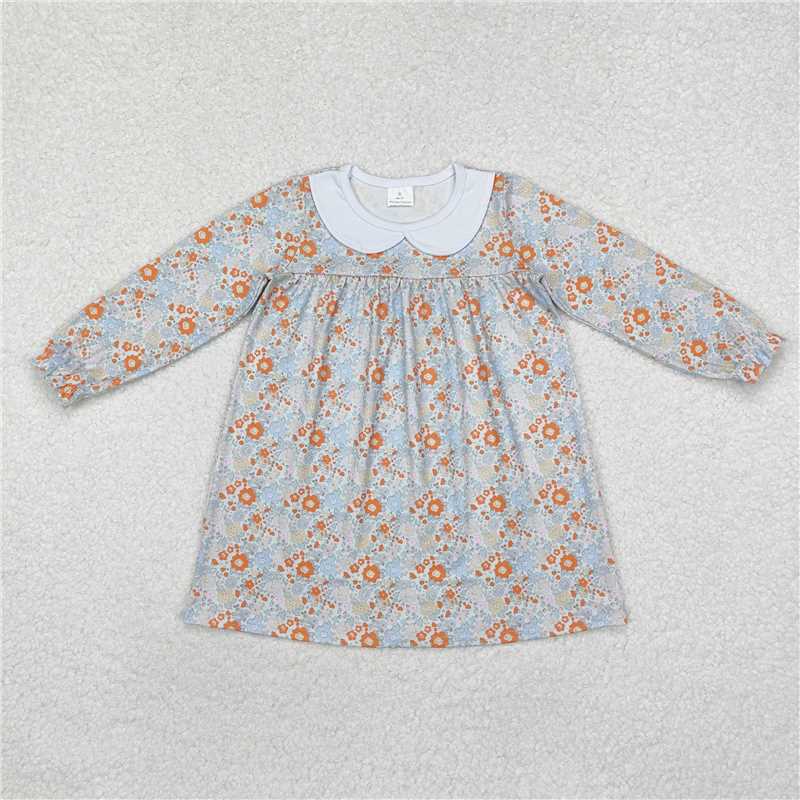 RTS NO MOQ Baby Girls Long Sleeve GLD0885 Orange Flowers Collar Knee Length Dresses
