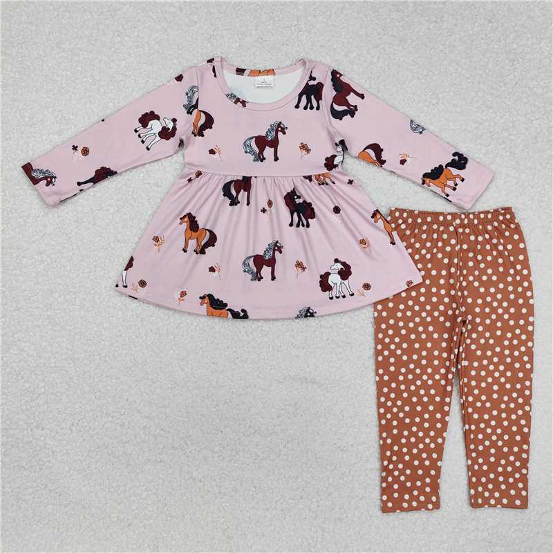 GLP2072 Baby Girls Horses Ruffle Tunic Top Legging Clothes Sets