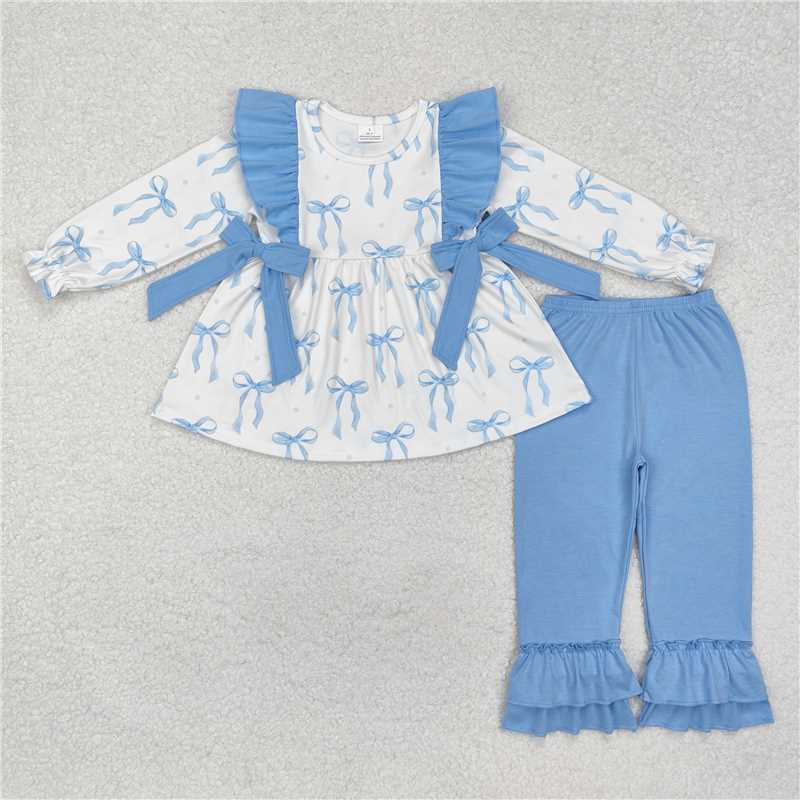 GLP2109 Baby Girls Blue Bows Tunic Ruffle Pants Clothes Sets