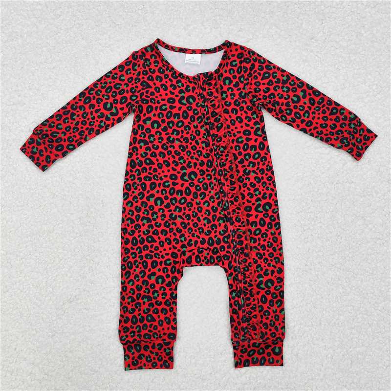 RTS NO MOQ Baby Girls Bodysuit LR1962 Christmas Red Green Leopard Zip Rompers