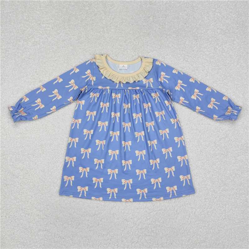 RTS NO MOQ Baby Girls Long Sleeve GLD0897 Blue Bows Ruffle Knee Length Dresses
