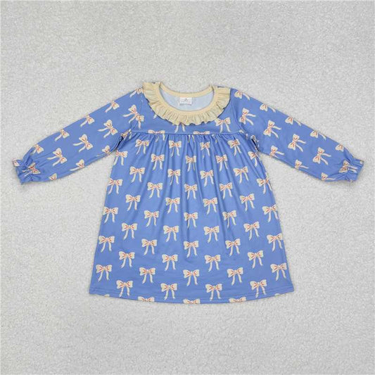 RTS NO MOQ Baby Girls Long Sleeve GLD0897 Blue Bows Ruffle Knee Length Dresses