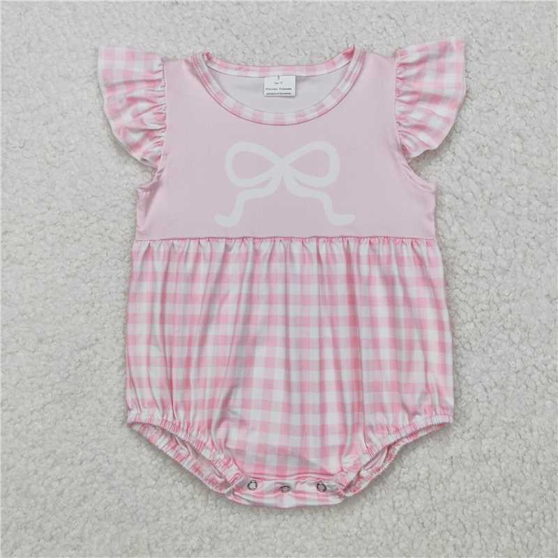 RTS NO MOQ Baby Girls Summer Bodysuit SR2135 Bow Pink Plaid Flutter Sleeve Rompers