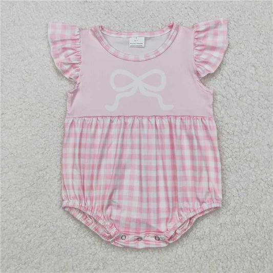 RTS NO MOQ Baby Girls Summer Bodysuit SR2135 Bow Pink Plaid Flutter Sleeve Rompers