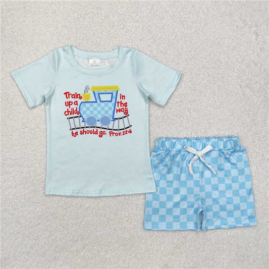 RTS NO MOQ Baby Boys kids Summer sets BSSO1128 Letter Train Blue Short Sleeve Plaid Shorts Set