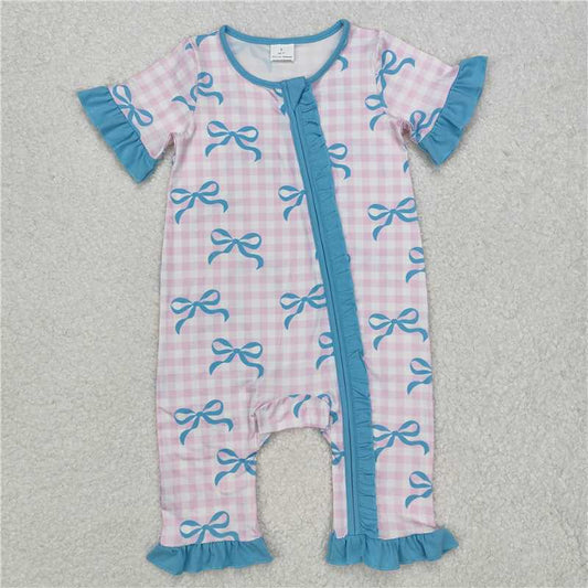 RTS NO MOQ Baby Girls Summer Bodysuit SR2026 Pink Checkered Bows Ruffle Zip Rompers