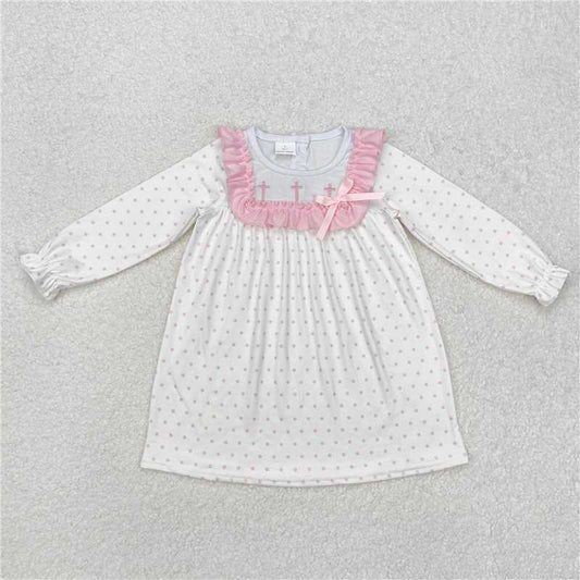 RTS NO MOQ Baby Girls Long Sleeve GLD0981 Pink Polka Dots Cross Easter Knee Length Dresses