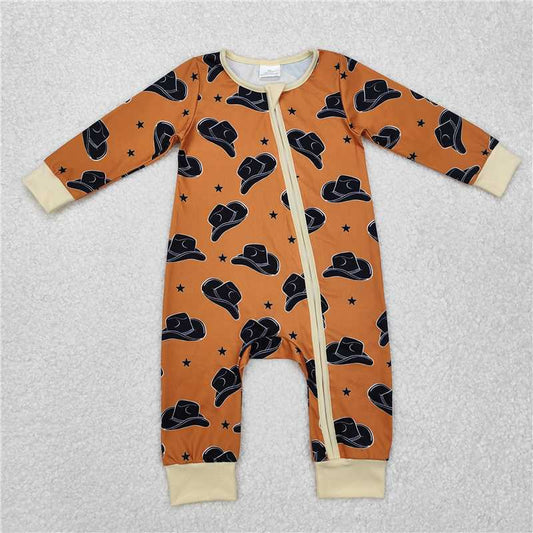 RTS NO MOQ Baby Boys Bodysuit LR1758 Brown Western Hats Long Sleeve Zip Rompers