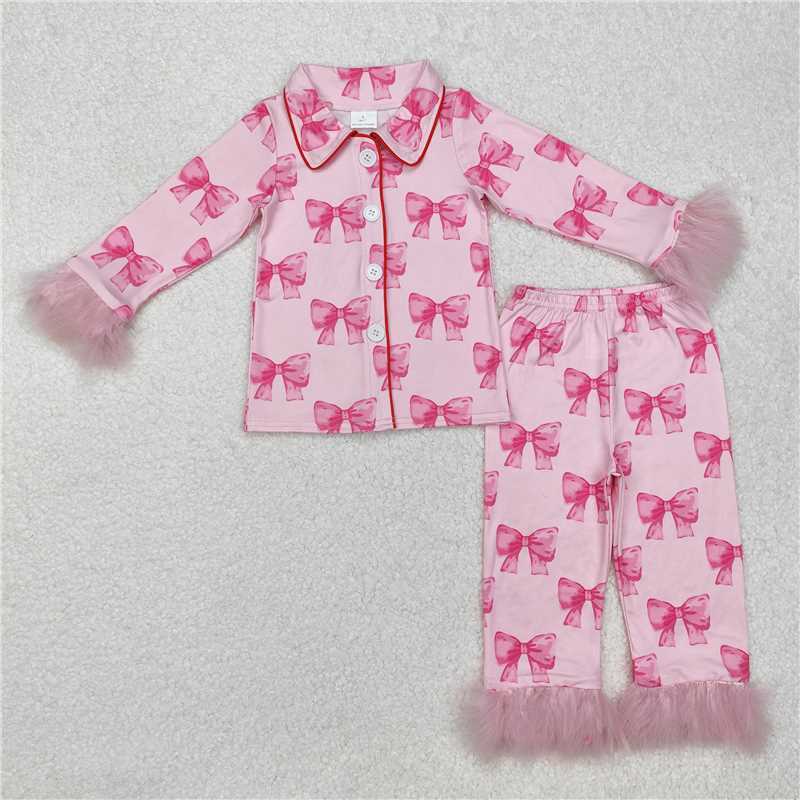 GLP2289 Baby Girls Pink Bows Fur Buttons Shirt Pants Pajamas Clothes Sets