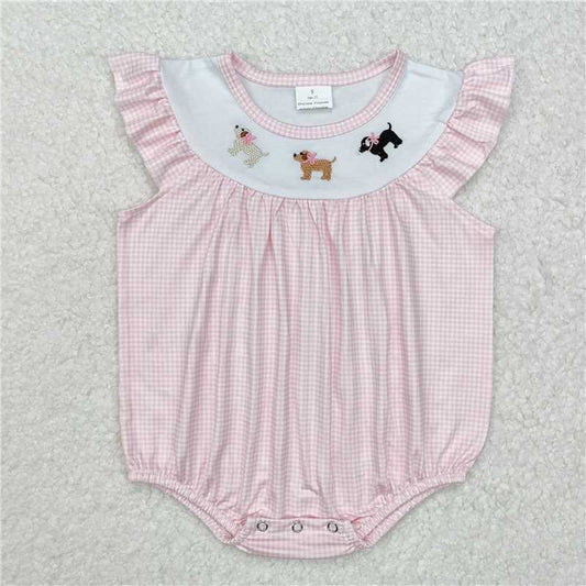 7.11 RTS NO MOQ Summer Baby Girls Bodysuit SR2073 Pink Dogs Bow Flutter Sleeve Rompers