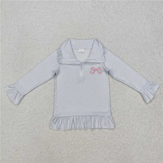 RTS NO MOQ Baby Girls Long sleeve GT0886 Blue Bow Long Sleeve Zip Pullovers Tops