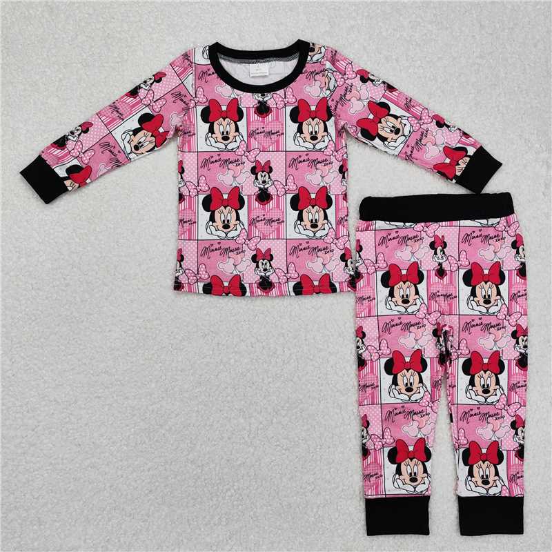 GLP2280 Baby Girls Mouse Pink Checkered Tops Pants Pajamas Clothes Sets