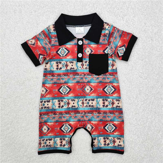 RTS NO MOQ Baby Boys Summer Bodysuit SR2320 Western Aztec Short Sleeve Black Pocket Rompers