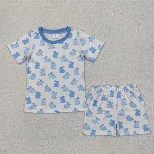 RTS NO MOQ Baby Boys kids Summer sets BSSO1163 Plaid Polka Dot Bunny Blue and White Short Sleeve Shorts Pajama Set