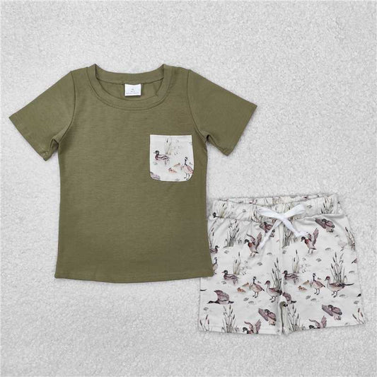 RTS NO MOQ Baby Boys kids Summer sets BSSO1175 Duck Pocket Green Short Sleeve Shorts Set