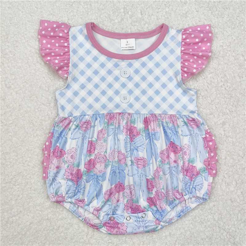 RTS NO MOQ Baby Girls Summer Bodysuit SR2298 Flutter Sleeve Checkered Flowers Bows Rompers