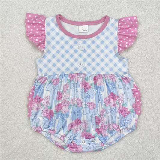 RTS NO MOQ Baby Girls Summer Bodysuit SR2298 Flutter Sleeve Checkered Flowers Bows Rompers