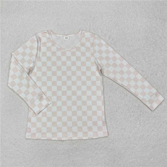 RTS NO MOQ Adult Women Long sleeve GT0906 Khaki Checkered Shirts Tops