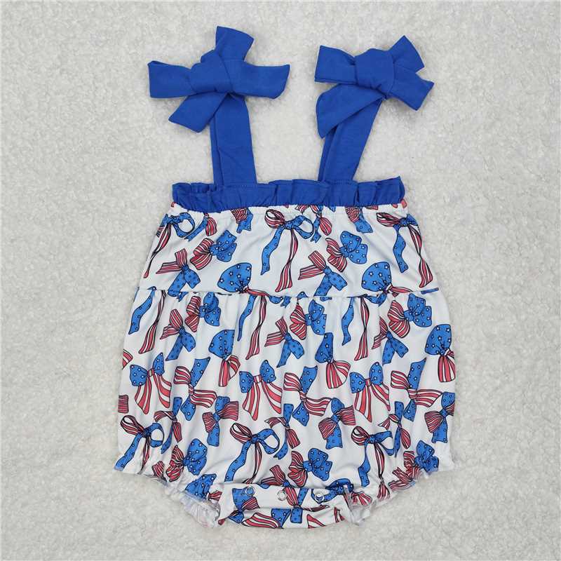 RTS NO MOQ Baby Girls Summer Bodysuit SR2318 4th Of July Bows Straps Stars Stripe Rompers
