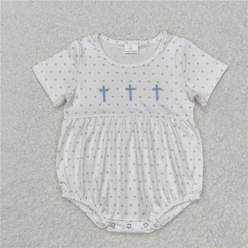 RTS NO MOQ Baby Boys Summer Bodysuit SR2147 Light Blue Polka Dots Cross Easter Rompers