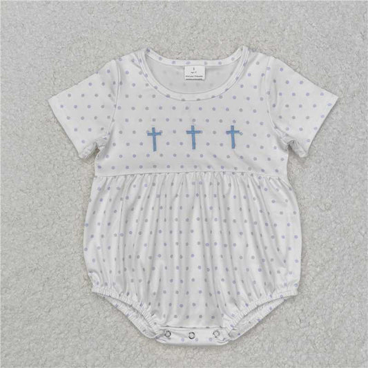 RTS NO MOQ Baby Boys Summer Bodysuit SR2147 Light Blue Polka Dots Cross Easter Rompers