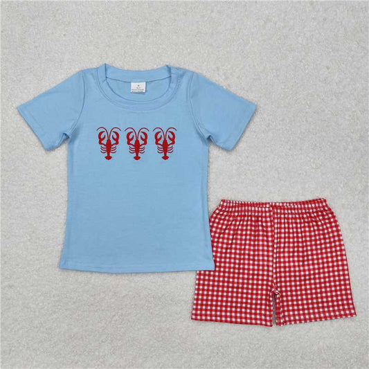 RTS NO MOQ Baby Boys kids Summer Sets BSSO1161 Crayfish blue short-sleeved red plaid shorts suit