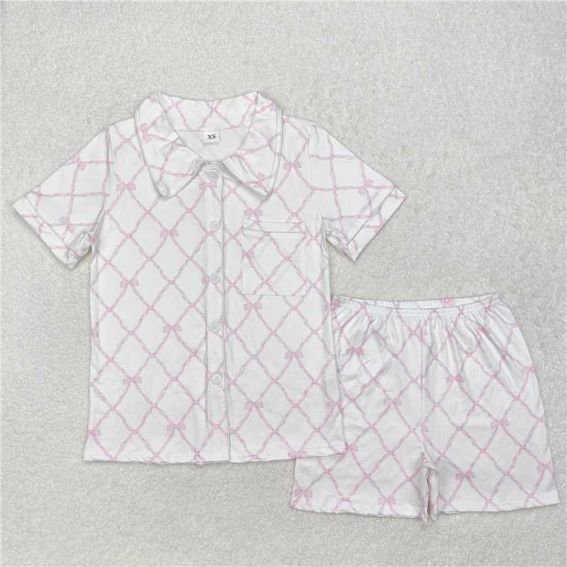 RTS NO MOQ Adult Women Summer Sets GSSO1708 Pink Bows Buttons Tops Shorts Pajamas