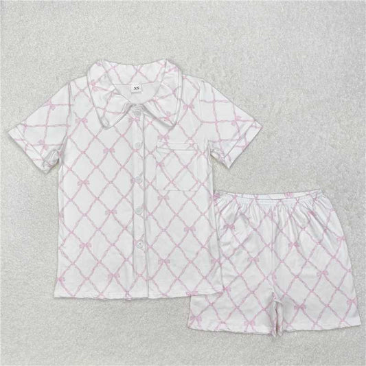 RTS NO MOQ Adult Women Summer Sets GSSO1708 Pink Bows Buttons Tops Shorts Pajamas