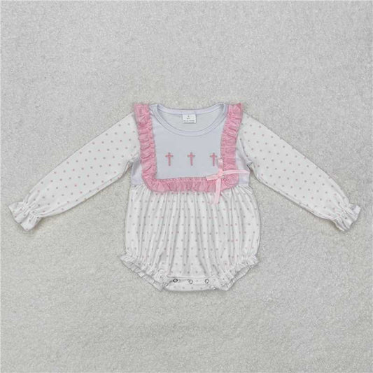 5.14 RTS NO MOQ Baby Girls Bodysuit LR2136 Pink Polka Dots Cross Easter Rompers
